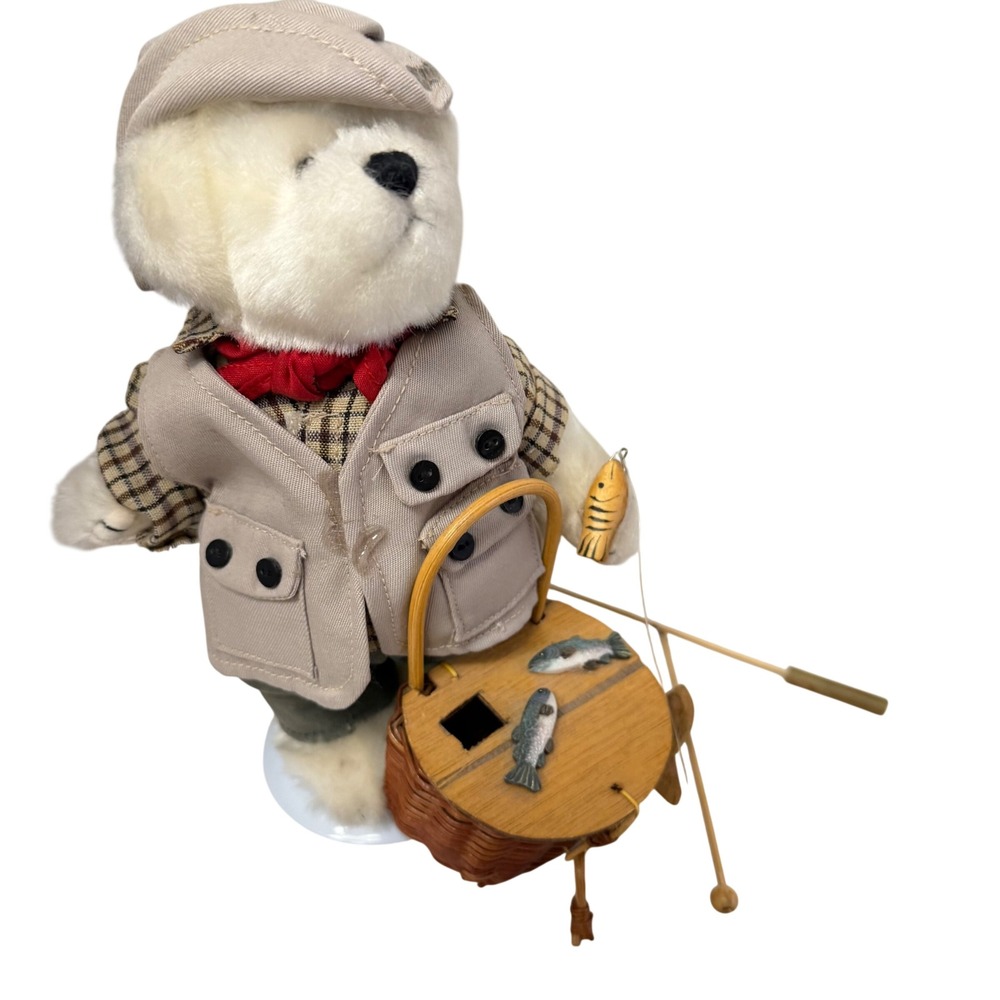Fishing Teddy Bear Plush Unisex  White Tan Rustic Cabin Decor Read